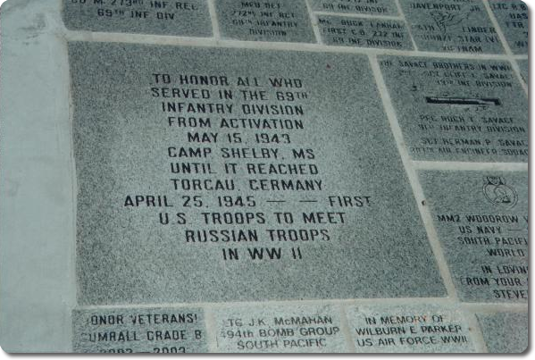 The Fighting 69th Infantry Division Brick of Honor at Camp Shelby, Mississippi where the 69th Inf Div trained before being shipped to the European Theater in World War II